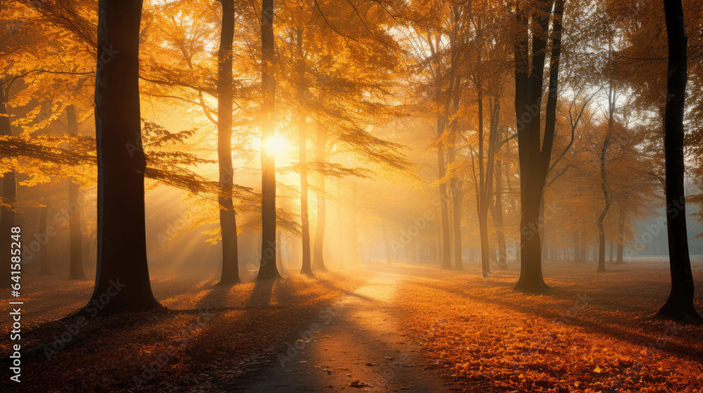 Panoramic Background Image of Beautiful Sunny Forest in Autumn with Sunbeams through Fog