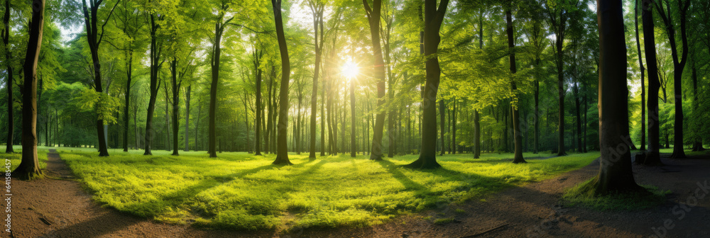 Beautiful forest panorama with large trees and bright sun