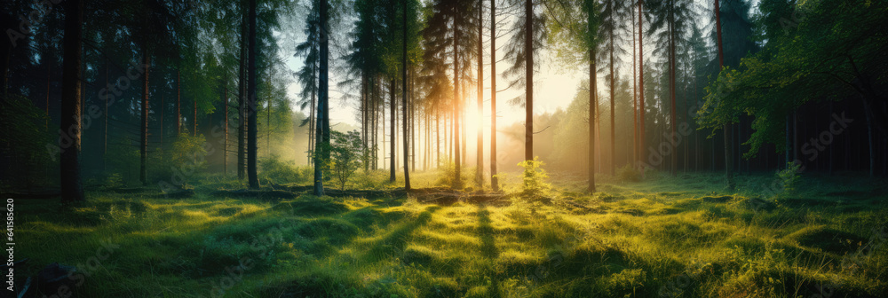 Beautiful forest panorama with large trees and bright sun