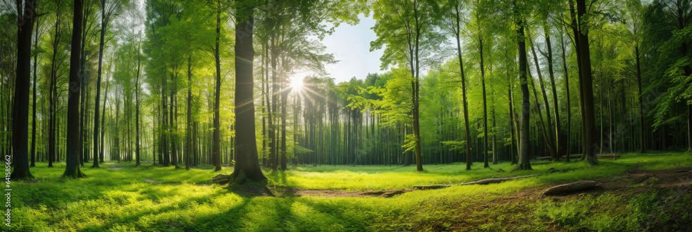 Beautiful forest panorama with large trees and bright sun