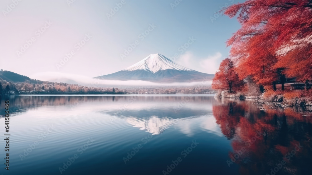 Colorful Autumn Season and Mountain Fuji with morning fog and red leaves at lake Kawaguchiko is one 