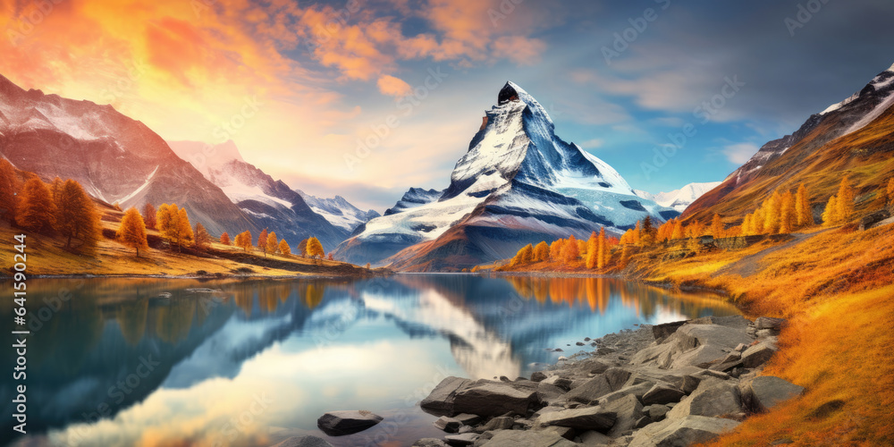 Fantastic evening panorama of Bachalp lake / Bachalpsee, Switzerland. Picturesque autumn sunset in S