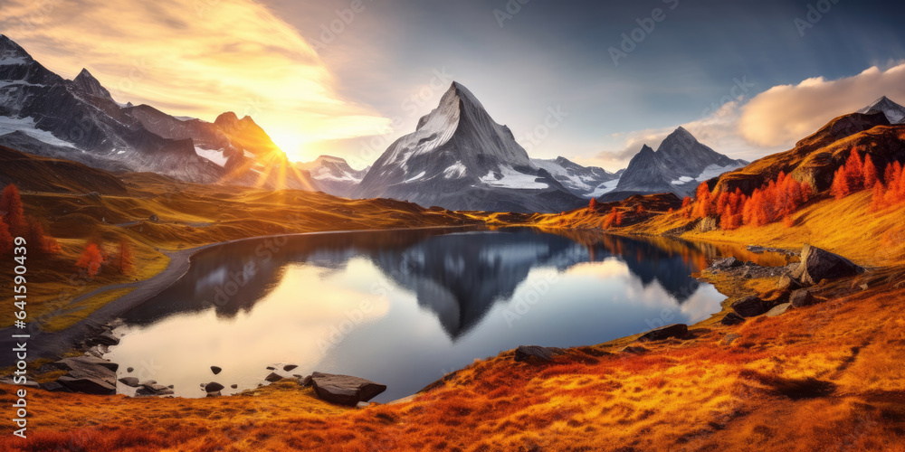 Fantastic evening panorama of Bachalp lake / Bachalpsee, Switzerland. Picturesque autumn sunset in S