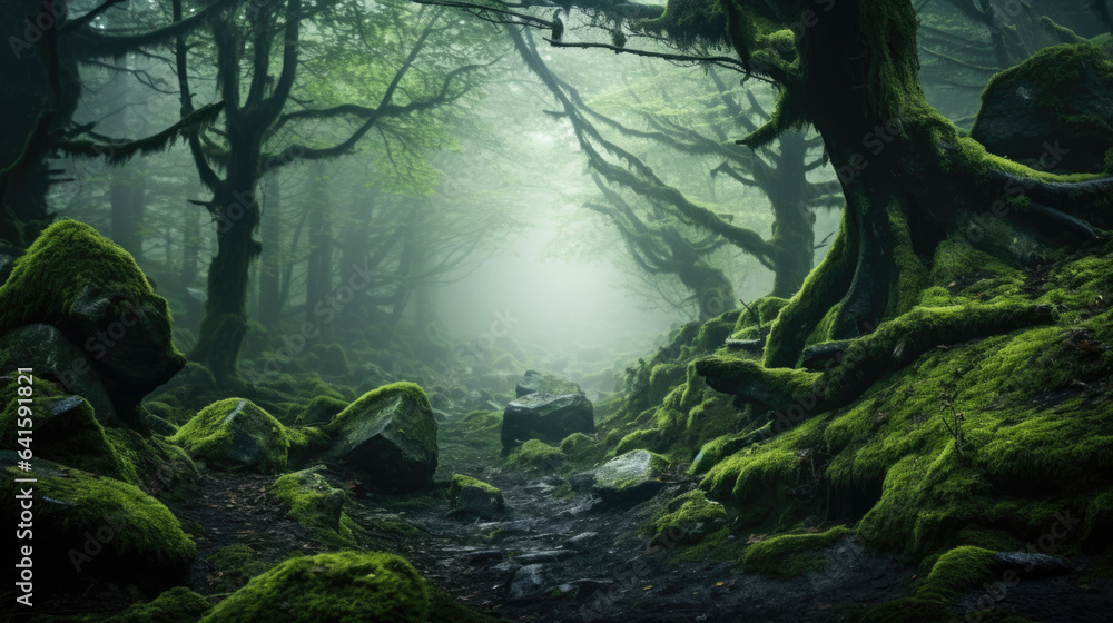 Magic deep forest with moss and fog