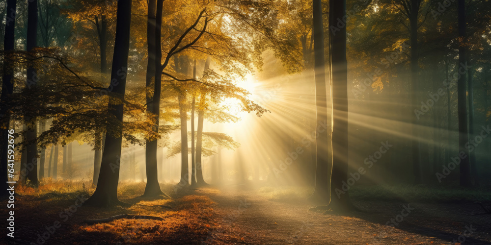 Beautiful autumnal forest into the morning light