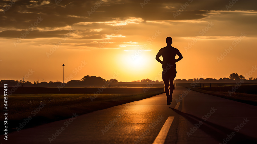 Silhouette of a man running on road at evening sunset. Back view of athlete runner jogging on road a