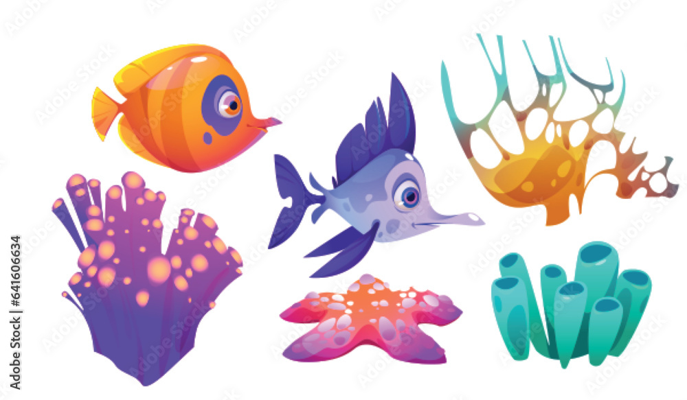 Underwater seaweed, coral reef and fish cartoon vector illustration set. Various bright colored mari