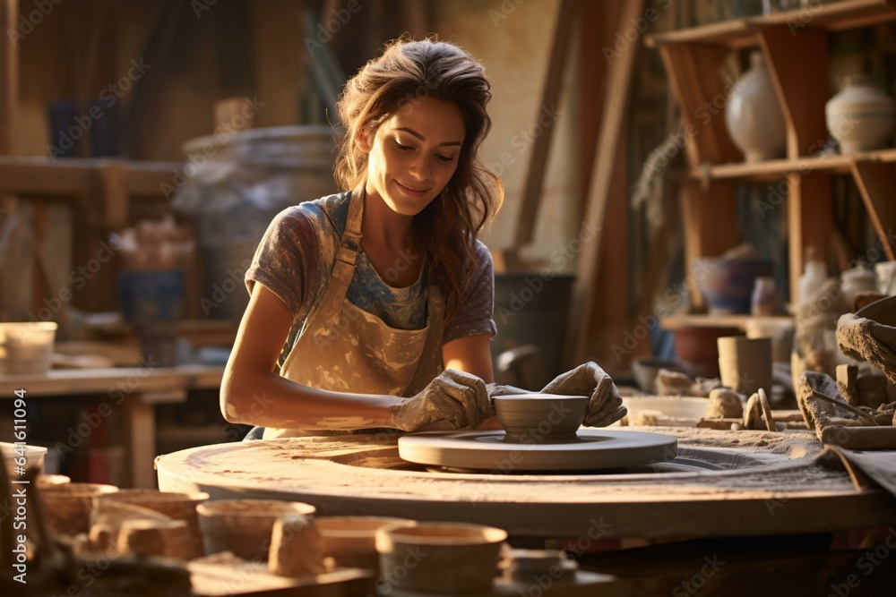 A woman working on a pottery wheel in a pottery shop