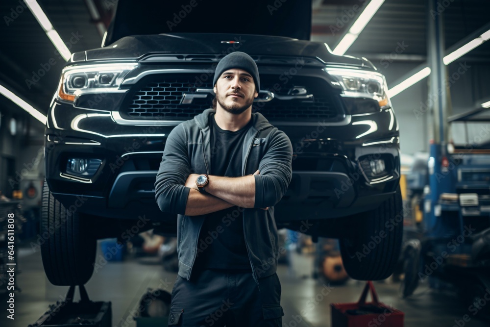 A man standing next to a truck in a garage