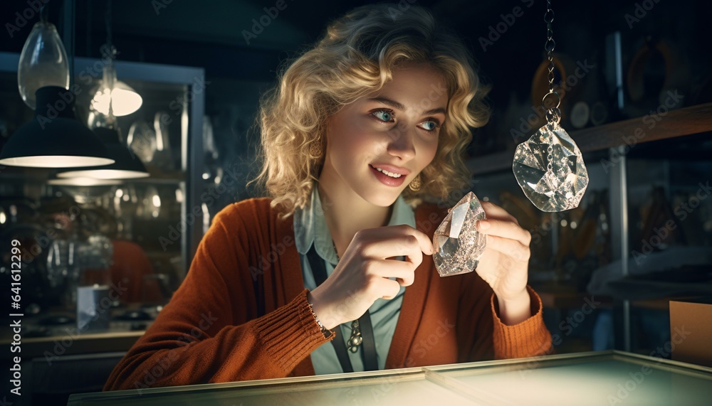 Photo of a woman holding a precious diamond in her hands