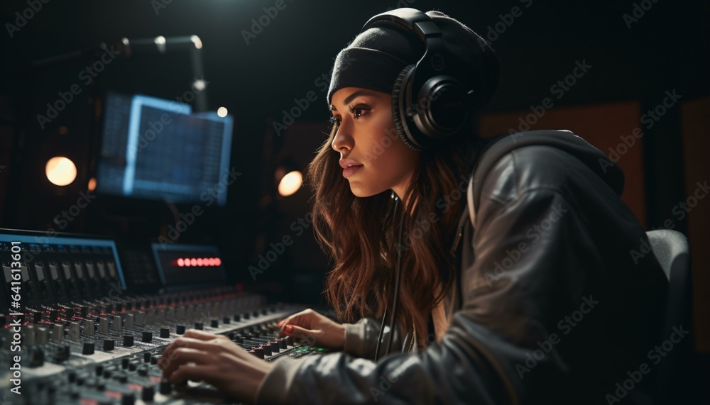 A woman in a recording studio wearing headphones