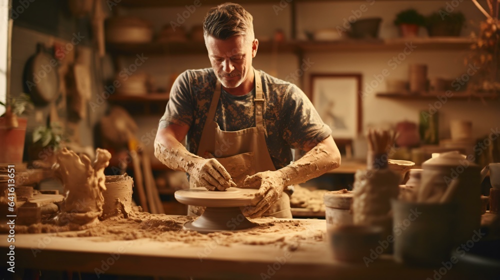 A skilled potter shaping clay on a pottery wheel