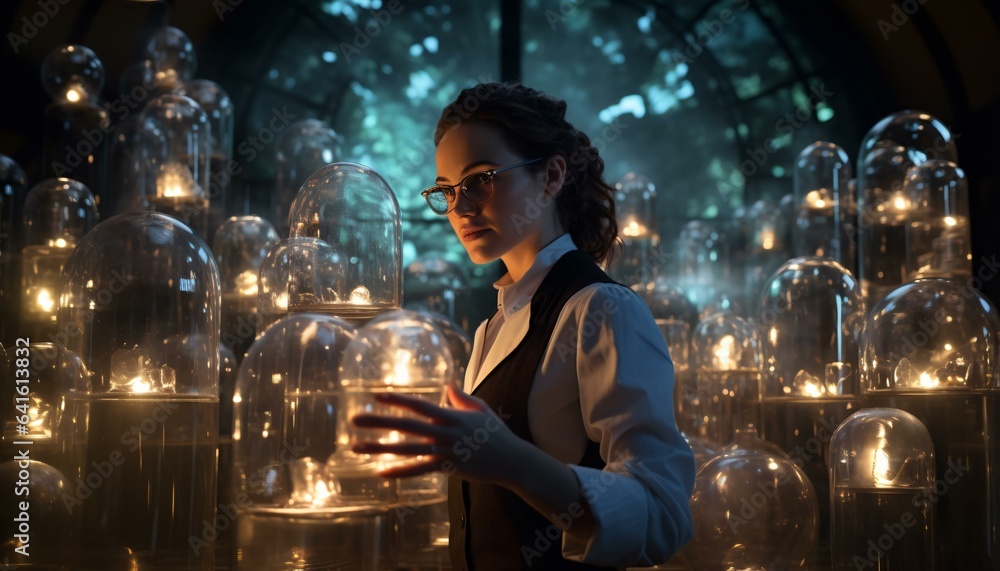 A woman admiring glass domes in a display