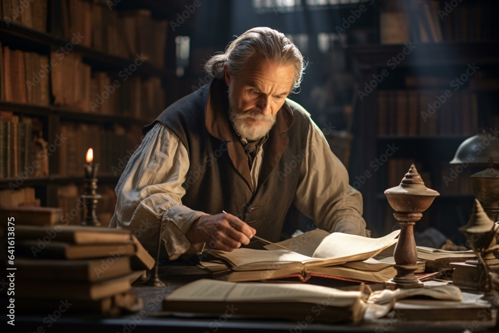 A man engrossed in reading at a table surrounded by books