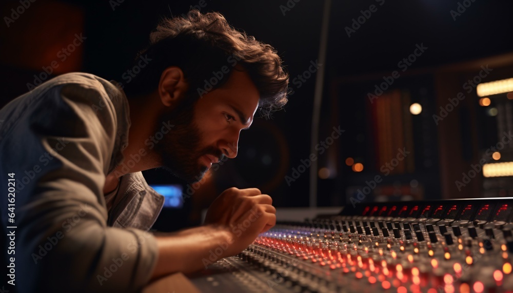 A man working at a mixing board in a recording studio