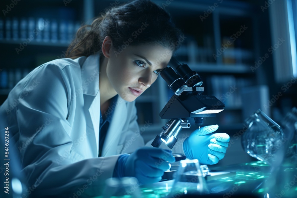 A woman in a lab coat examining a specimen through a microscope