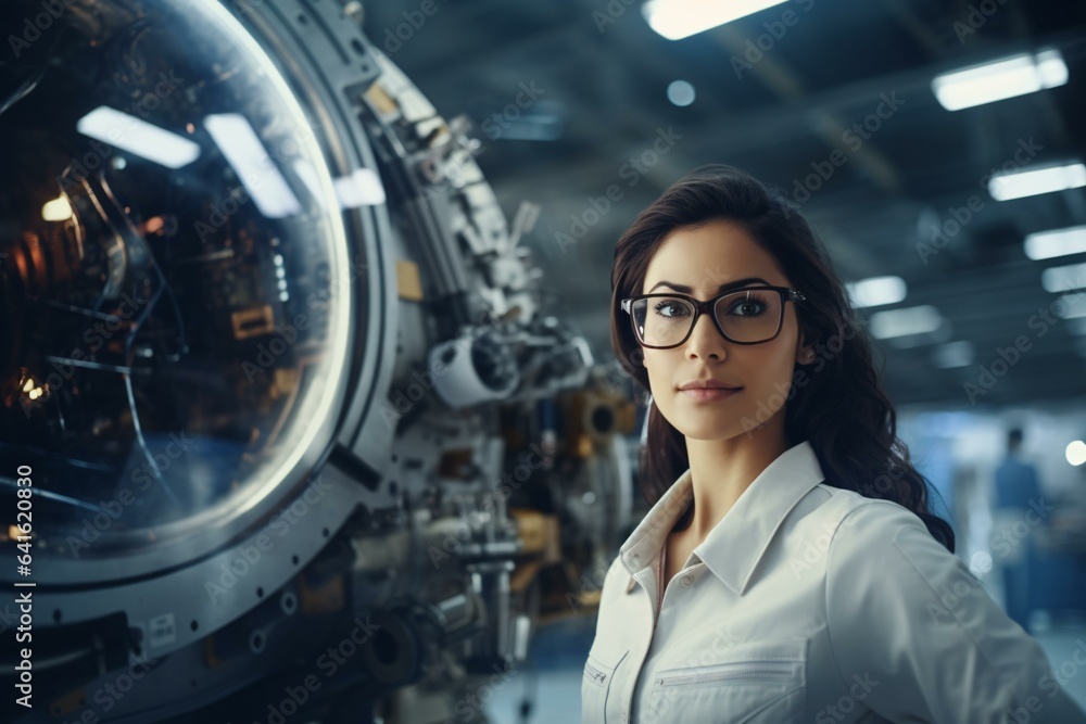 A woman wearing glasses standing in front of a machine