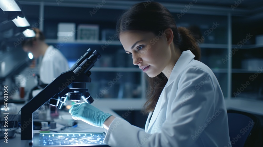 A female scientist conducting research with a microscope in a laboratory