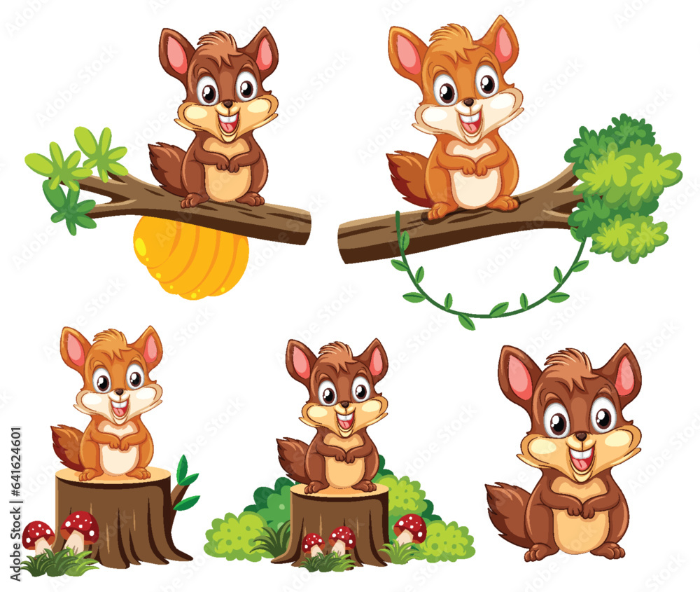 Cute Squirrel Cartoon in Nature with Tree Branch and Log