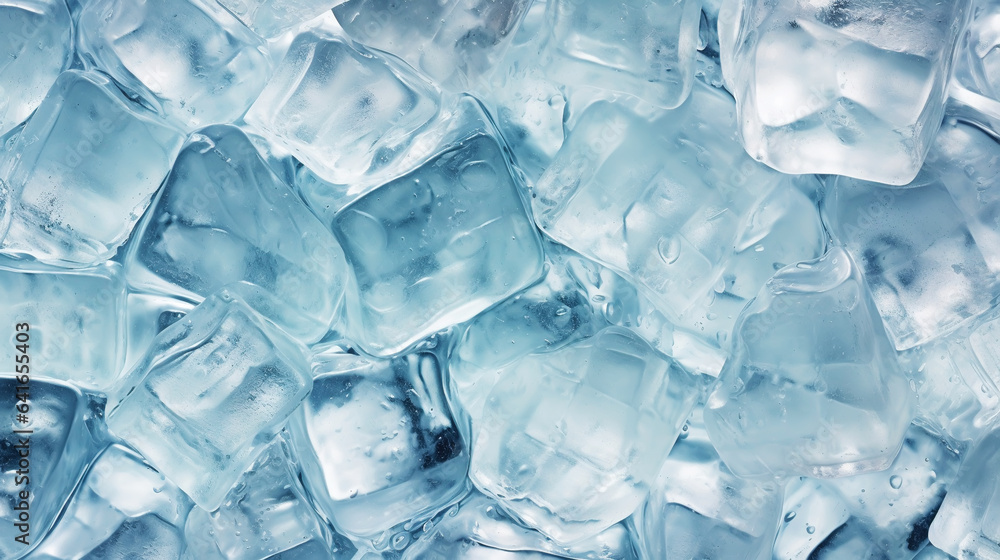 Ice cubes bluish background. Frozen water. Cold fresh concept. Generative AI