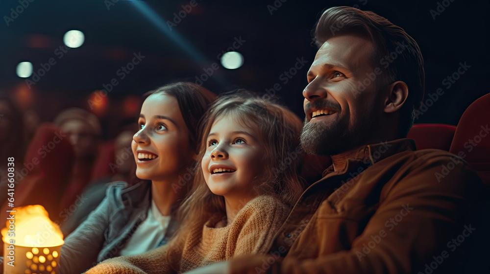 A family, joyful couple is with their daughter in the cinema, watching an exciting movie. Cinema con