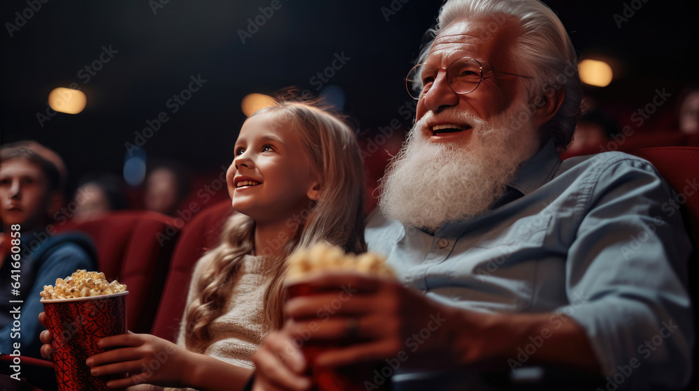 A family, Grandfather and his son accompanied with his granddaughter are in the movie theater watchi