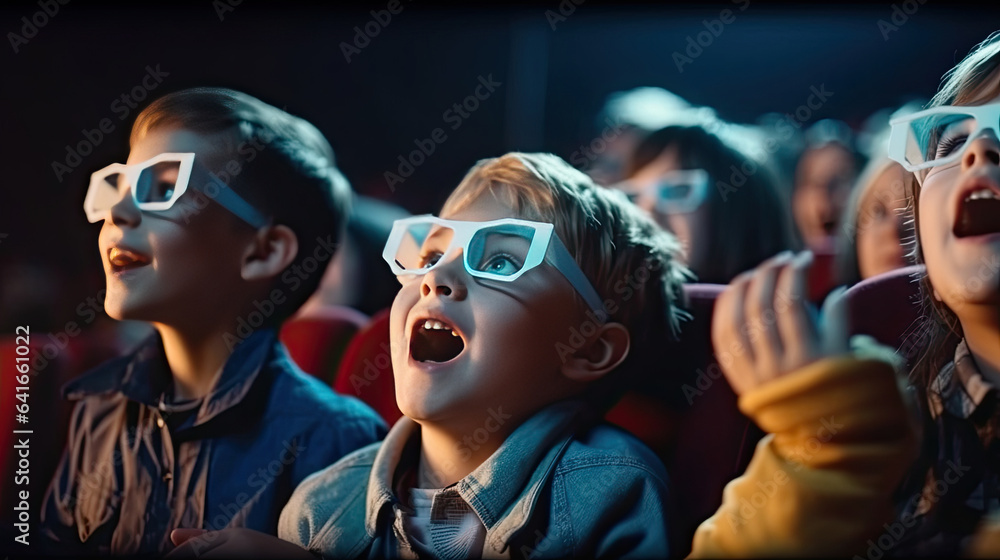 Amazed children in casual wear and 3D glasses in cinema. Cinema concept. Generative Ai