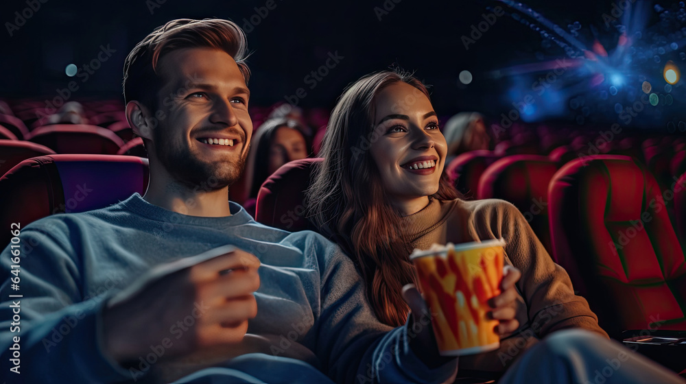 A young joyful couple in the cinema, watching an exciting movie. Cinema concept. Generative Ai