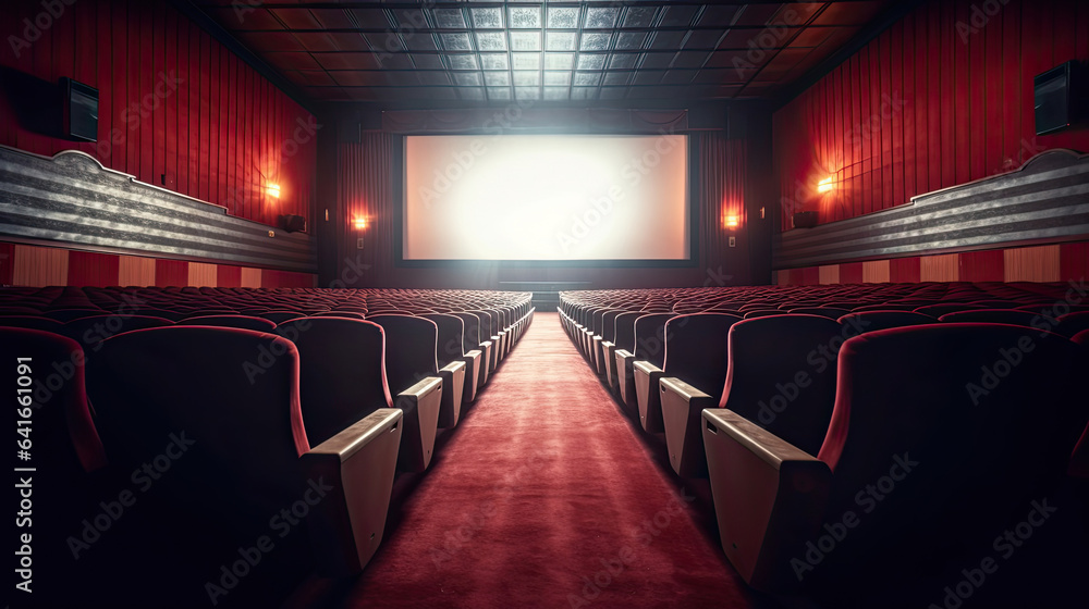 Cinema concept, Empty cinema screen with audience. Generative Ai