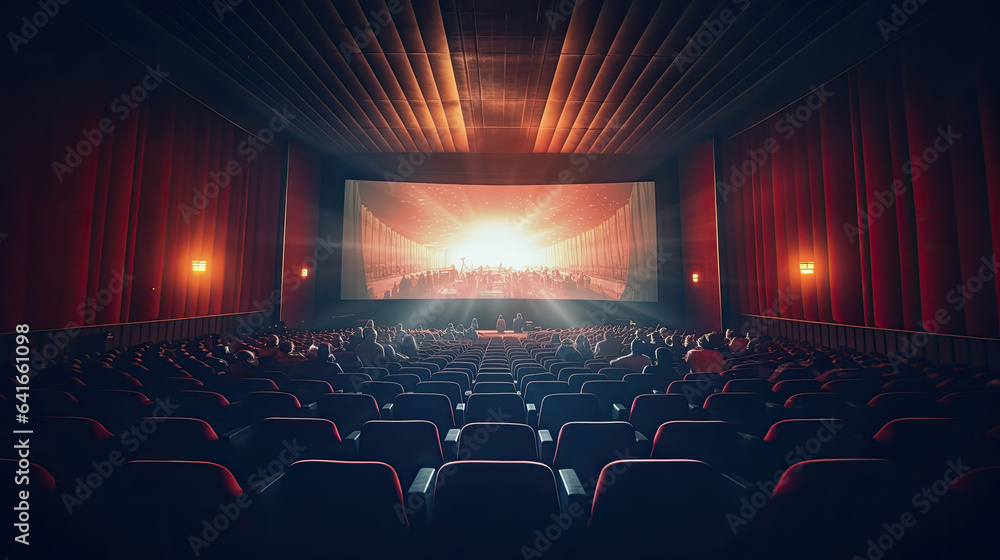 Cinema concept, Empty cinema screen with audience. Generative Ai