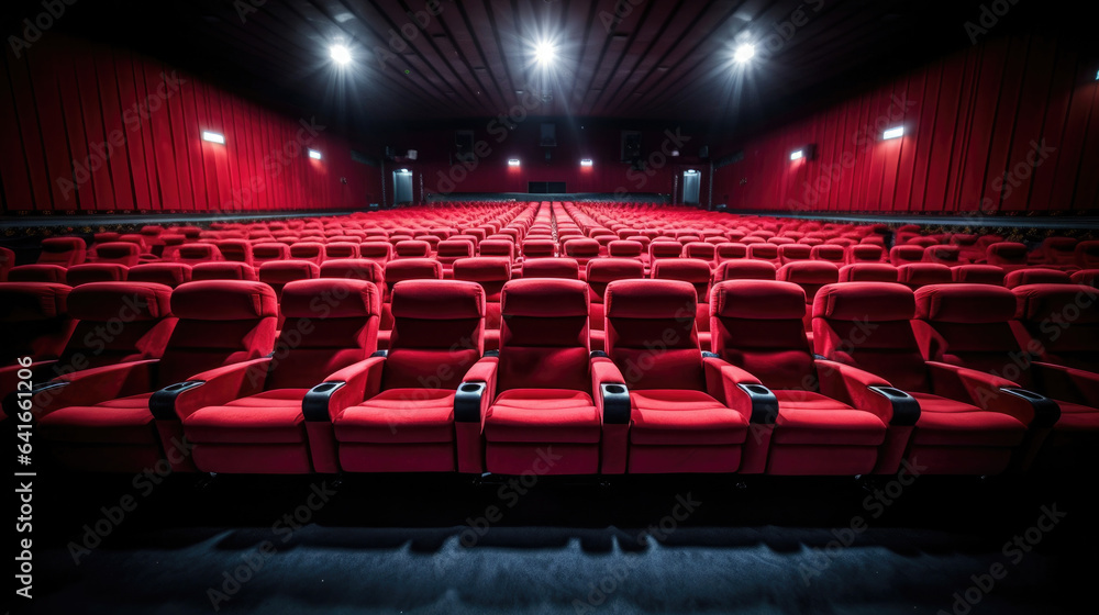 Empty comfortable red seats in cinema. movie. Generative Ai