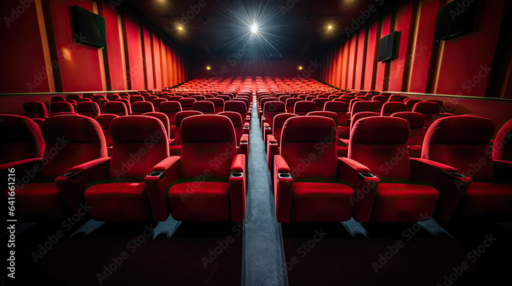 Empty comfortable red seats in cinema. movie. Generative Ai