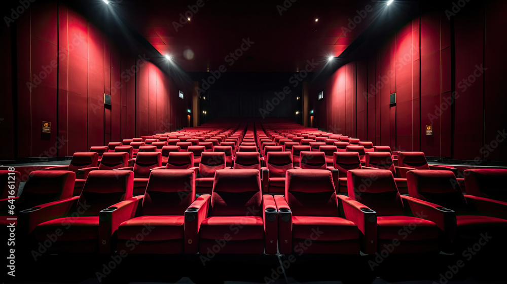 Empty comfortable red seats in cinema. movie. Generative Ai