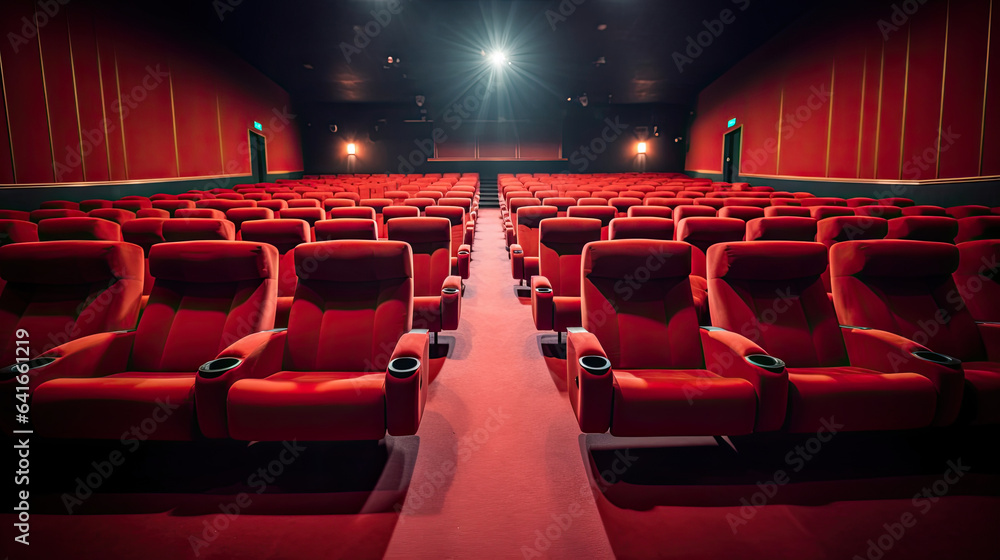 Empty comfortable red seats in cinema. movie. Generative Ai