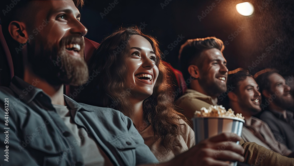 Group of cheerful people laughing while watching movie in cinema. concept of recreation and entertai