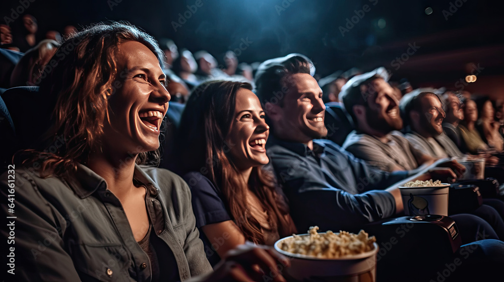 Group of cheerful people laughing while watching movie in cinema. concept of recreation and entertai