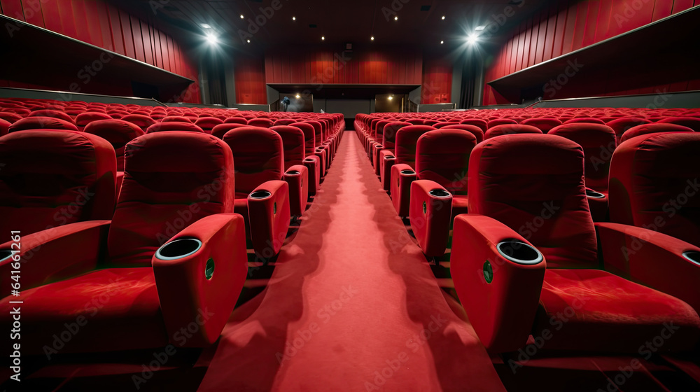 Empty comfortable red seats in cinema. movie. Generative Ai