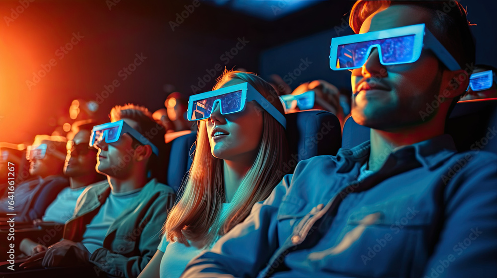 Group of Young people wear 3D glasses watching movies in cinema. Generative Ai