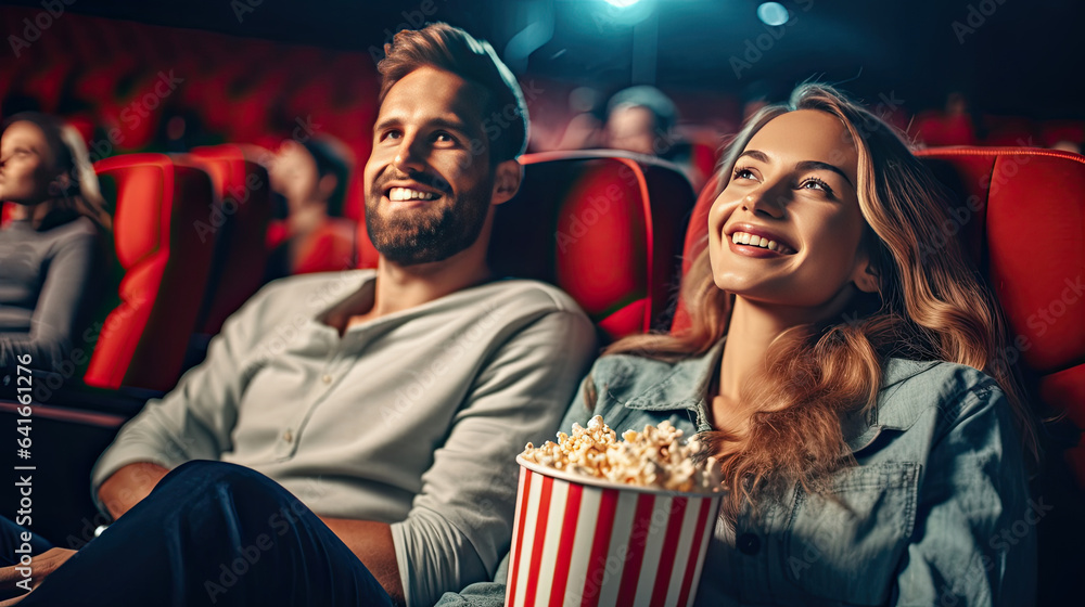 joyful couple sitting in cinema watch film eating popcorn and drinking aerated sweet water. Cinema c