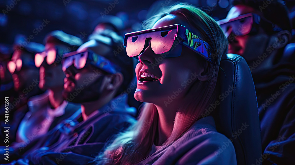 Group of Young people wear 3D glasses watching movies in cinema. Generative Ai