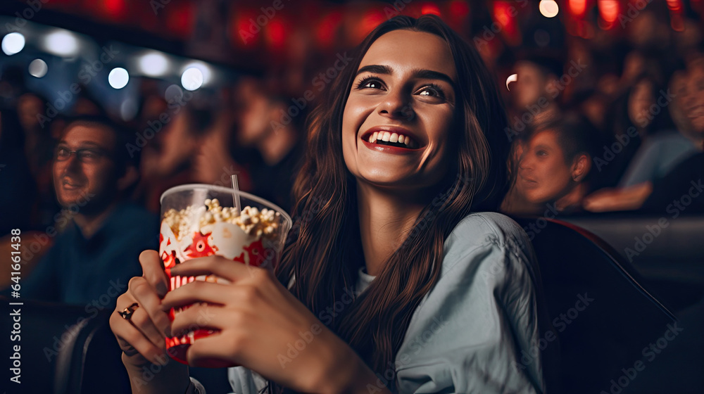 Young woman with friends watching movie in cinema and laughing with popcorns and drinks. Cinema conc