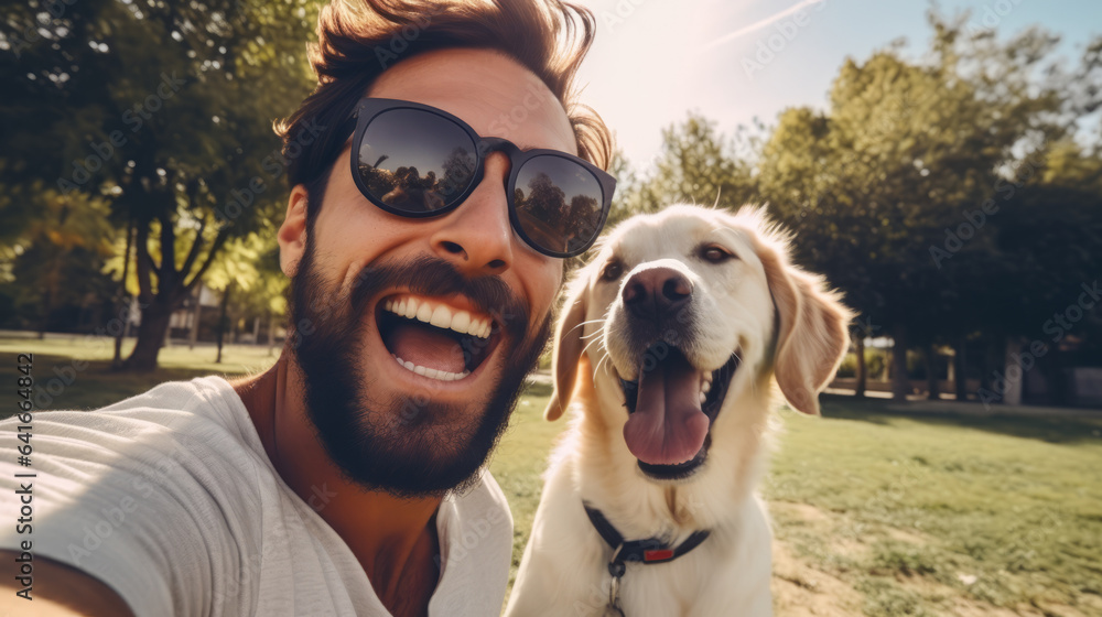 Selfie picture of a young happy man walking his dog in a park , smiling guy and pet having fun toget