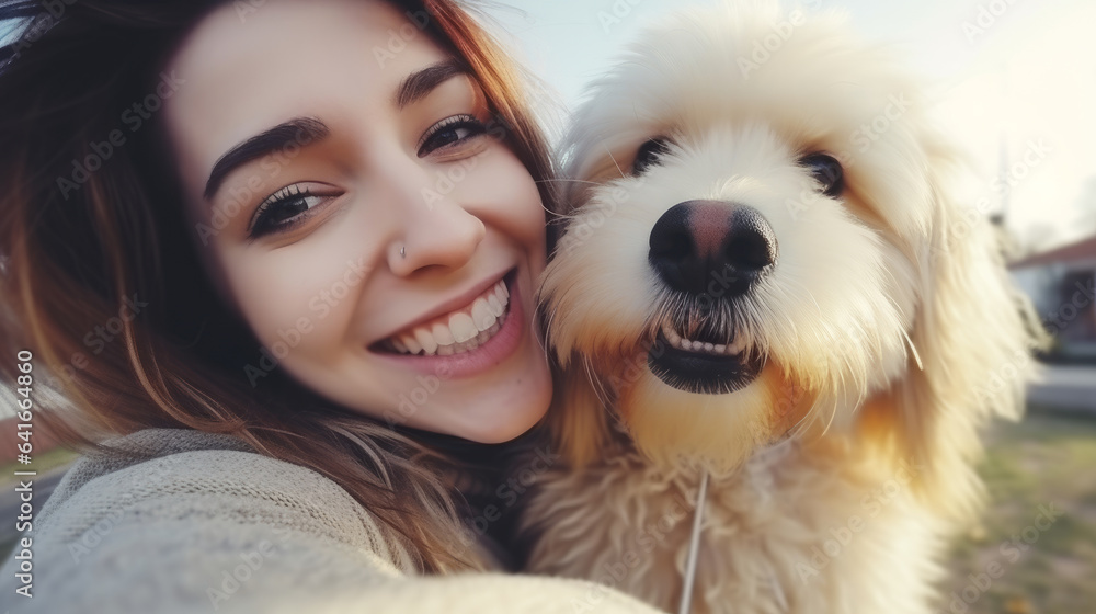 Selfie picture of a young happy woman walking her dog in a park , smiling girl and pet having fun to