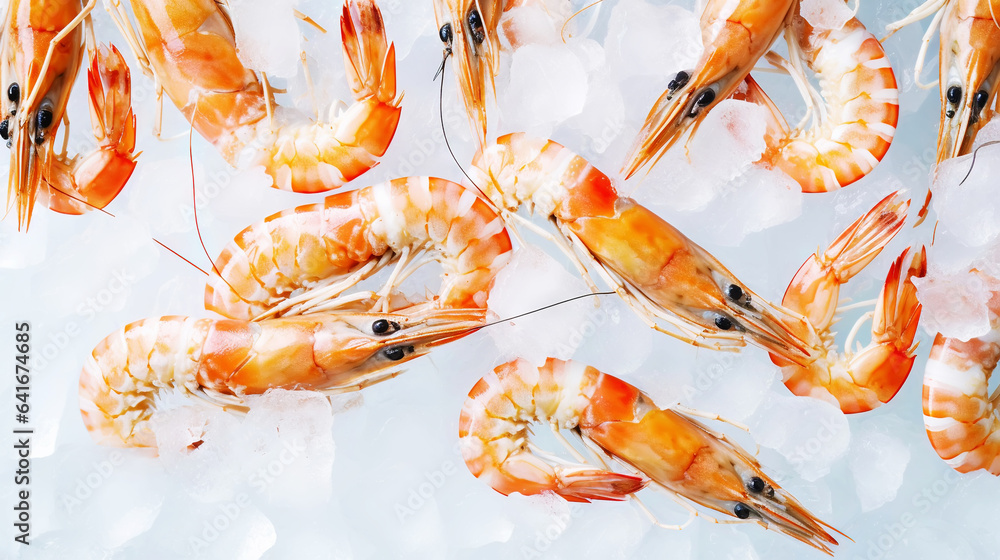 Top view of raw whole king prawns on ice. Seafood background. Generative AI