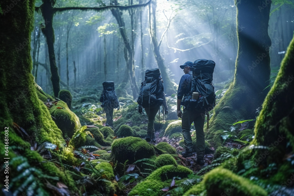 People with backpacks travel in mistery forest