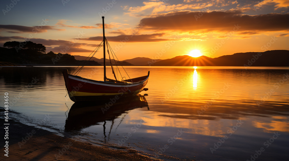 Silhouette of a boat at sunset