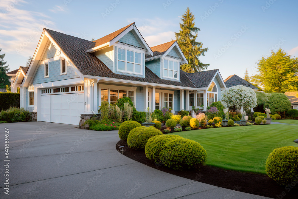 Luxury modern house exterior with green lush garden