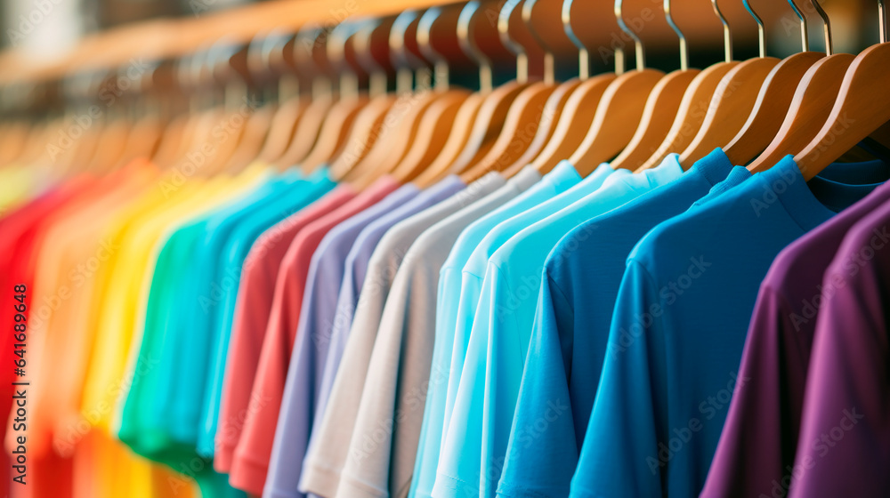 plain t-shirts of different colors hang on a hanger