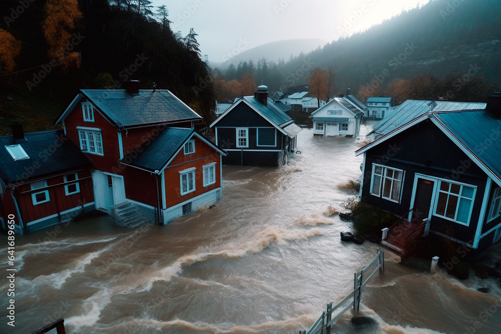 Aerial View of houses flooded caused by Climate Change, Town, City under water