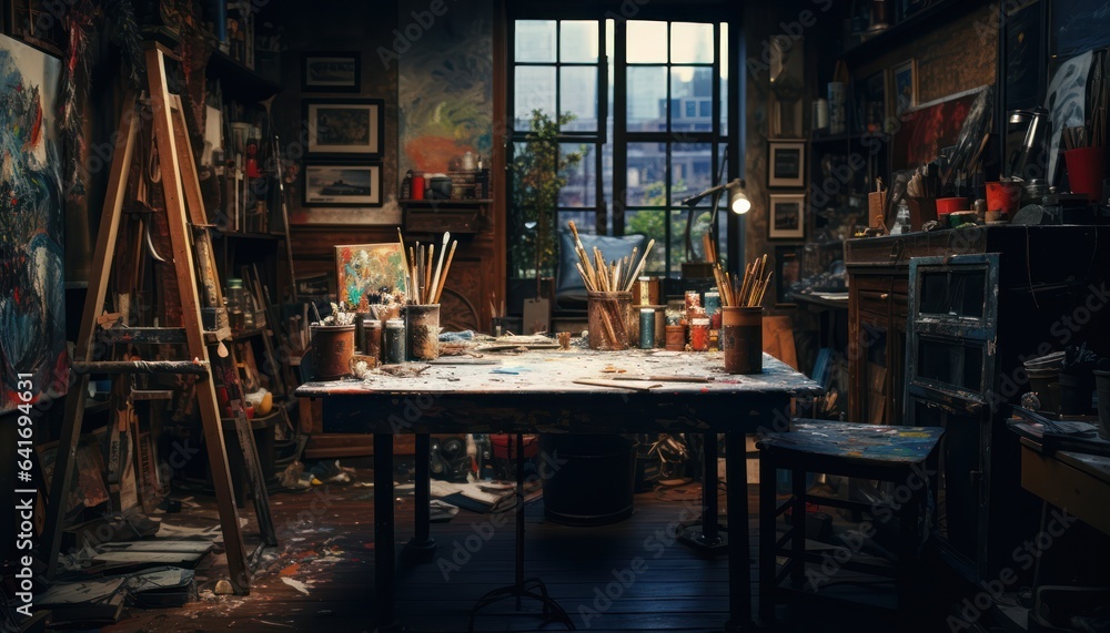 Photo of an artists studio filled with a colorful array of art supplies